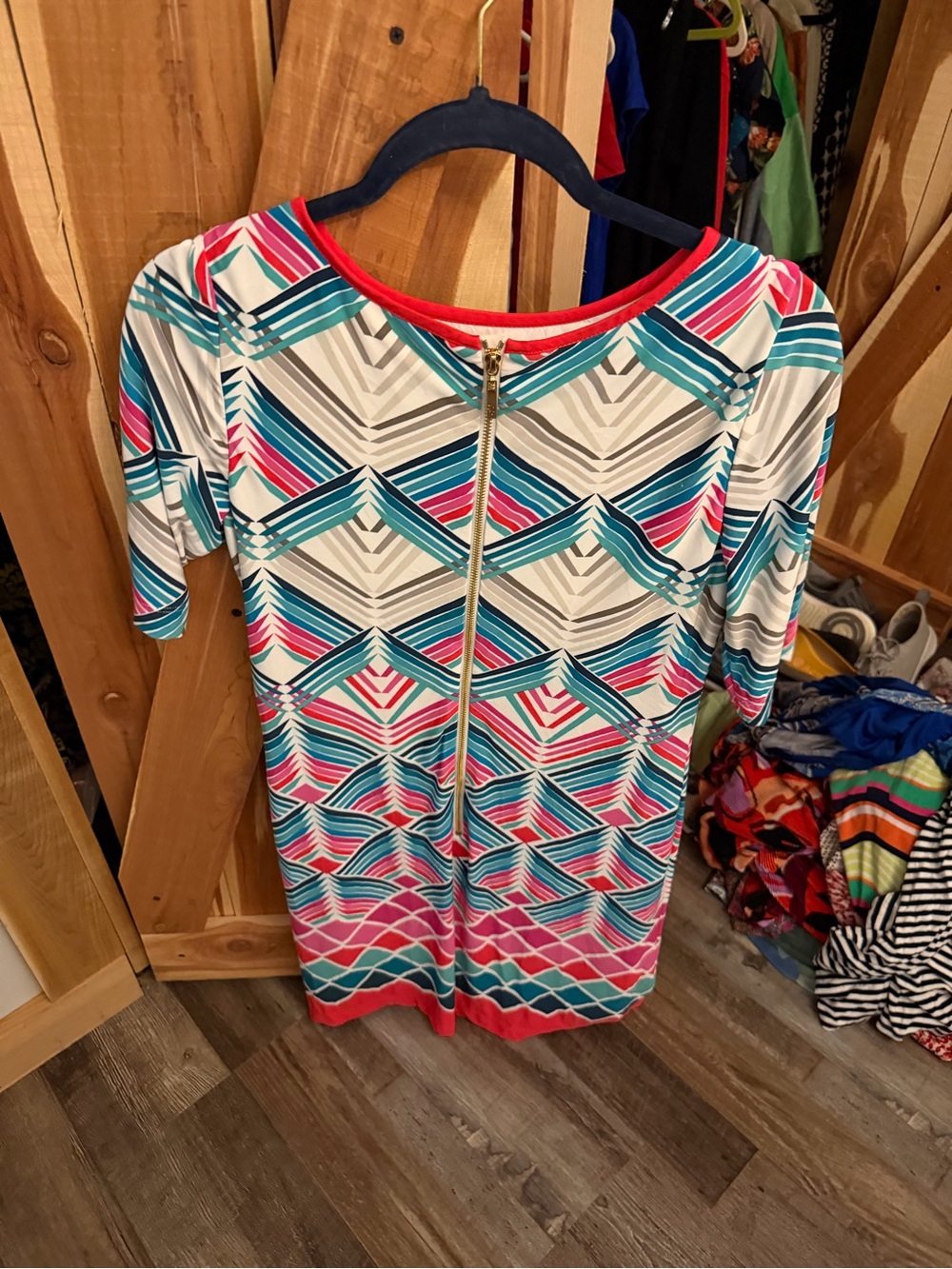 Eliza J Geometric Scoop Neck Tunic in White, Teal & Pink